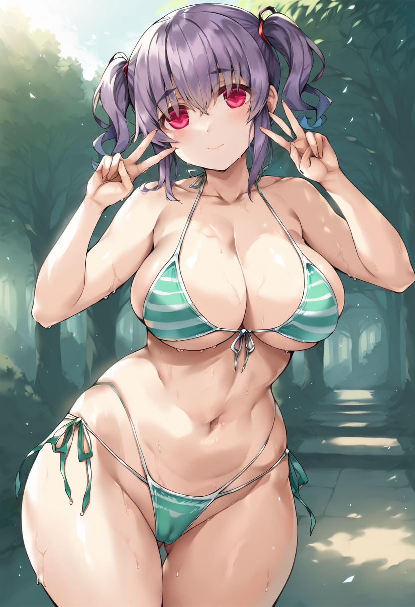score_9, score_7_up,  1girl, 
huge breasts, wide hips, thick thighs, underboob, striped bikini, short twintails, standing, looking at viewer, v, plump, highleg, sideboob, cowboy shot, swimsuit, solo, hair between eyes, side-tie bikini bottom, blush, green bikini, breasts, thighs, hand up, smile, thigh gap, highleg bikini, striped clothes, cameltoe, cleavage, double v, head tilt, wavy hair, pink eyes, short hair, closed mouth, halterneck, heart, purple hair, alternate body size, collarbone, navel, string bikini, skindentation, twintails, groin, armpits, bikini, tsurime
 <lora:morizono_shiki-Style-PonyXL-GLoRA:1>