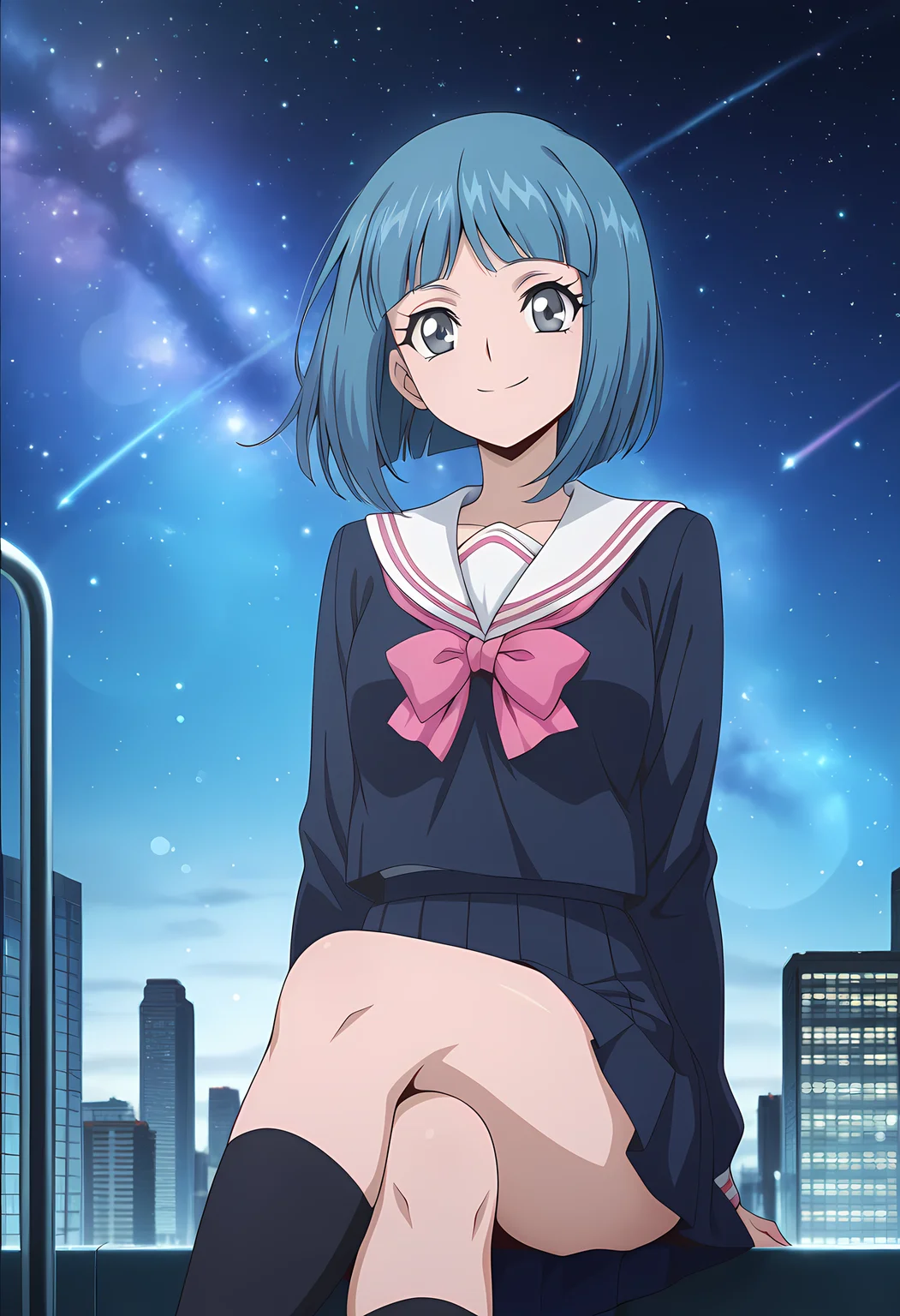 masterpiece,best quality,amazing quality,
1girl, solo,
Yuna Saionji (Cardfight Vanguard), blue hair, short hair, grey eyes,
school uniform, serafuku, white sailor collar, pink bow, pink bowtie,
Smile, looking at viewer,
cinematic, cross legs, crossing legs,
Outdoors, On top skyscraper, sci-fi city, star (sky),
Lens flare, bloom,
Official style, anime screencap, anime coloring,
