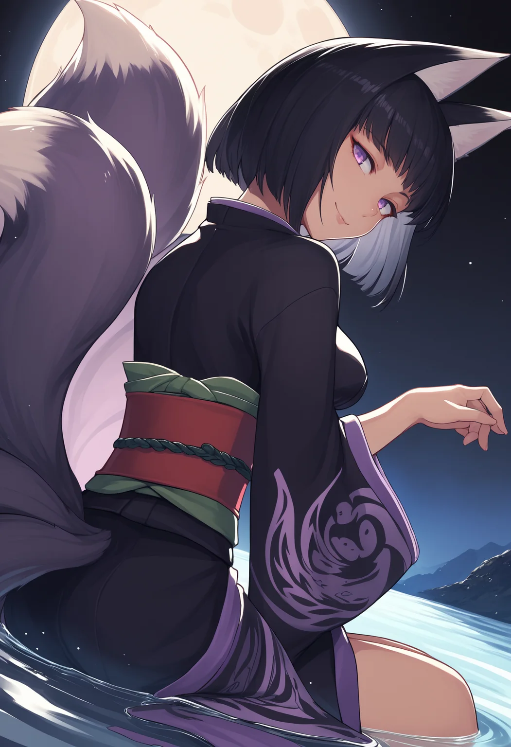 score_9, score_8_up, score_7_up, source_anime BREAK 1girl, solo, <lora:kitsune-mge-richy-v1_pdxl:1>fox ears, fox tail, multiple tails, breasts, black hair, purple eyes, looking back, seductive smile, head tilt, black kimono, obi, tabi, [black background:darkness, dark:0.5], full moon, partially submerged