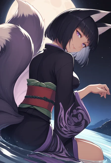 score_9, score_8_up, score_7_up, source_anime BREAK 1girl, solo, <lora:kitsune-mge-richy-v1_pdxl:1>fox ears, fox tail, multiple tails, breasts, black hair, purple eyes, looking back, seductive smile, head tilt, black kimono, obi, tabi, [black background:darkness, dark:0.5], full moon, partially submerged