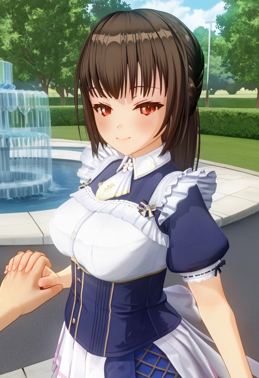 score_9, score_8_up, score_7_up, BREAK source_anime, (masterpiece), (best quality), 1girl, chihara_yukine, blue colored maid outfit, light purple colored skirts, red colored eyes, brown colored hair, happy mood, cowboy shot, looking at viewer, smile, blush, closed mouth, half closed eyes, particles, (ultra detailed), colorful light, shine, lens flare, smile, holding hands, solo focus, pov hands, out of frame, at the park with fountain, (from side:1), <lora:chihara_yukine-20:0.9>