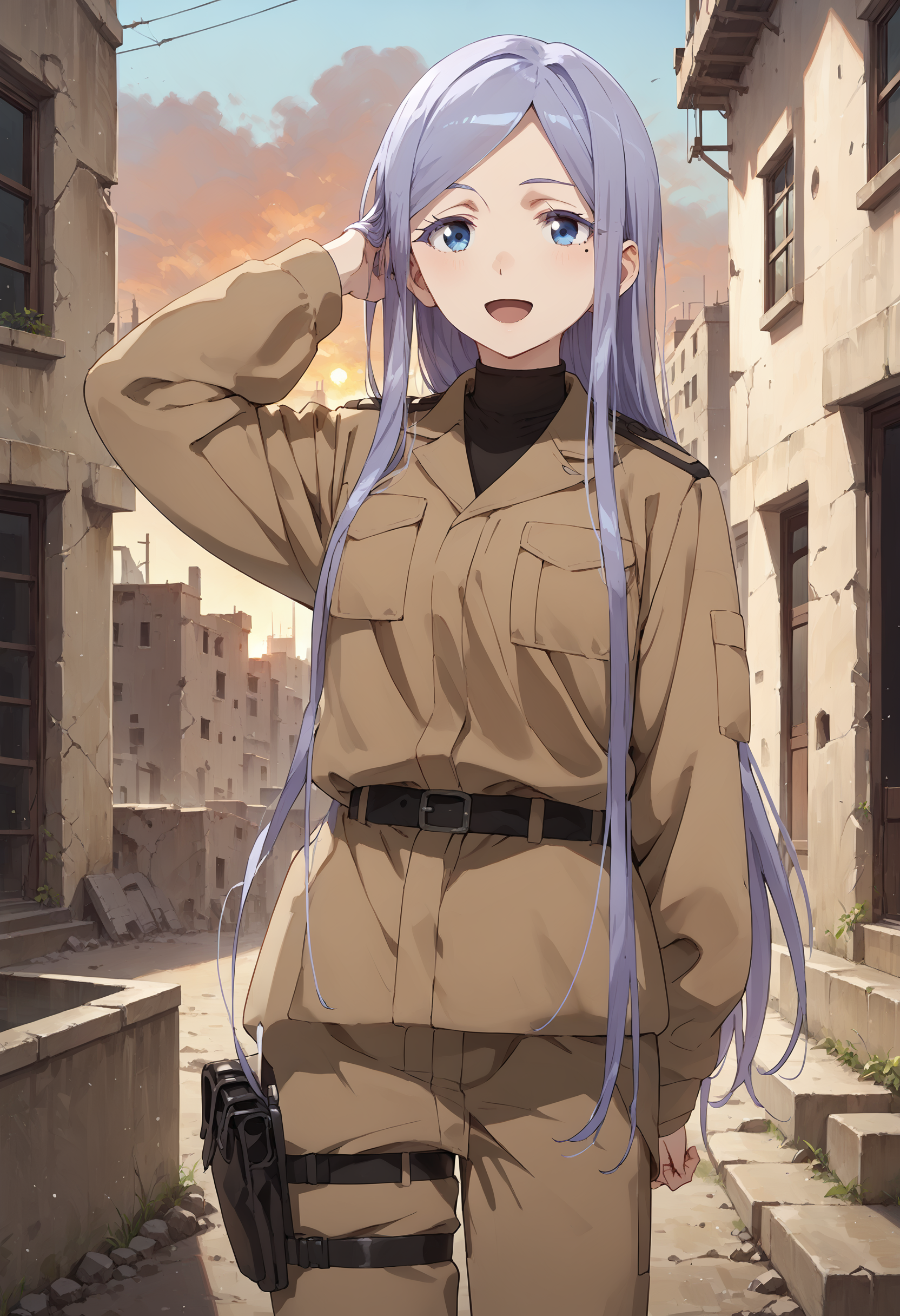 score_9, score_8_up, score_7_up, score_6_up, score_ANIME,  , anjuemma, 1girl, solo, ,purple hair, blue eyes,  , white eyelashes, part bangs, black turtleneck sweater, smile, looking at viewer,  standing,  brown pants, belt, very long hair, brown jacket,  cowboy shot,open mouth,     <lora:anju_emma_pony8:1> , mole under eye,  , ruins, city,, sunset,  hand in own hair, holster,