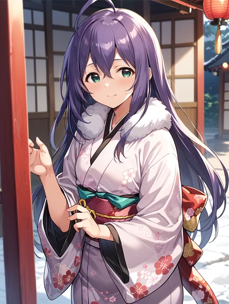 score_9,score_8_up,score_7_up,
official art,official style,game cg,megami magazine,
uncensored,
1girl,solo,
mochizuki anna,purple hair,green eyes,ahoge,long hair,
japanese clothes,obi,obijime,obiage,kimono,fur-trimmed kimono,fur trim,wide sleeves,
<lora:idolmaster_mochizuki_anna_pony_v1.1-000006:1>,