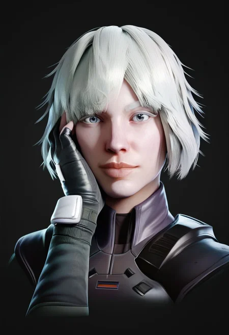 score_9, score_8_up, score_7_up,
lana, lana \(Rainbow Six Siege\), 1girl, solo, looking at viewer, short hair, simple background, gloves, closed mouth, white hair, fingerless gloves, lips, grey eyes, black background, portrait, hand on own face, realistic,