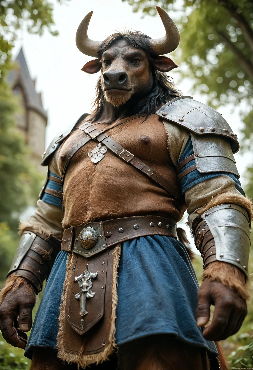 score_9, score_8_up, score_7_up, male, tauren, furry, minotaur, barbarian armor, low-angle view, medieval fantasy, DSLR photo, best quality, 85mm lens, shallow depth of field, highly detailed, cinematic composition