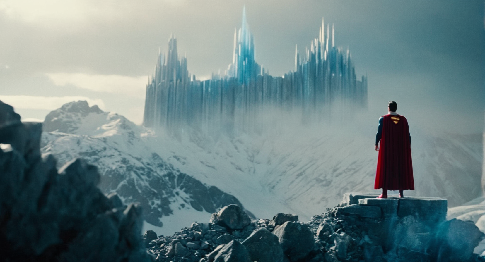 cinematic film still of  <lora:Fortress of Solitude:1>
Fortress of Solitude a wide shot of superman standing on top of a mountain with Big Fortress of Solitude seen from far distance, shallow depth of field, vignette, highly detailed, high budget, bokeh, cinemascope, moody, epic, gorgeous, film grain, grainy