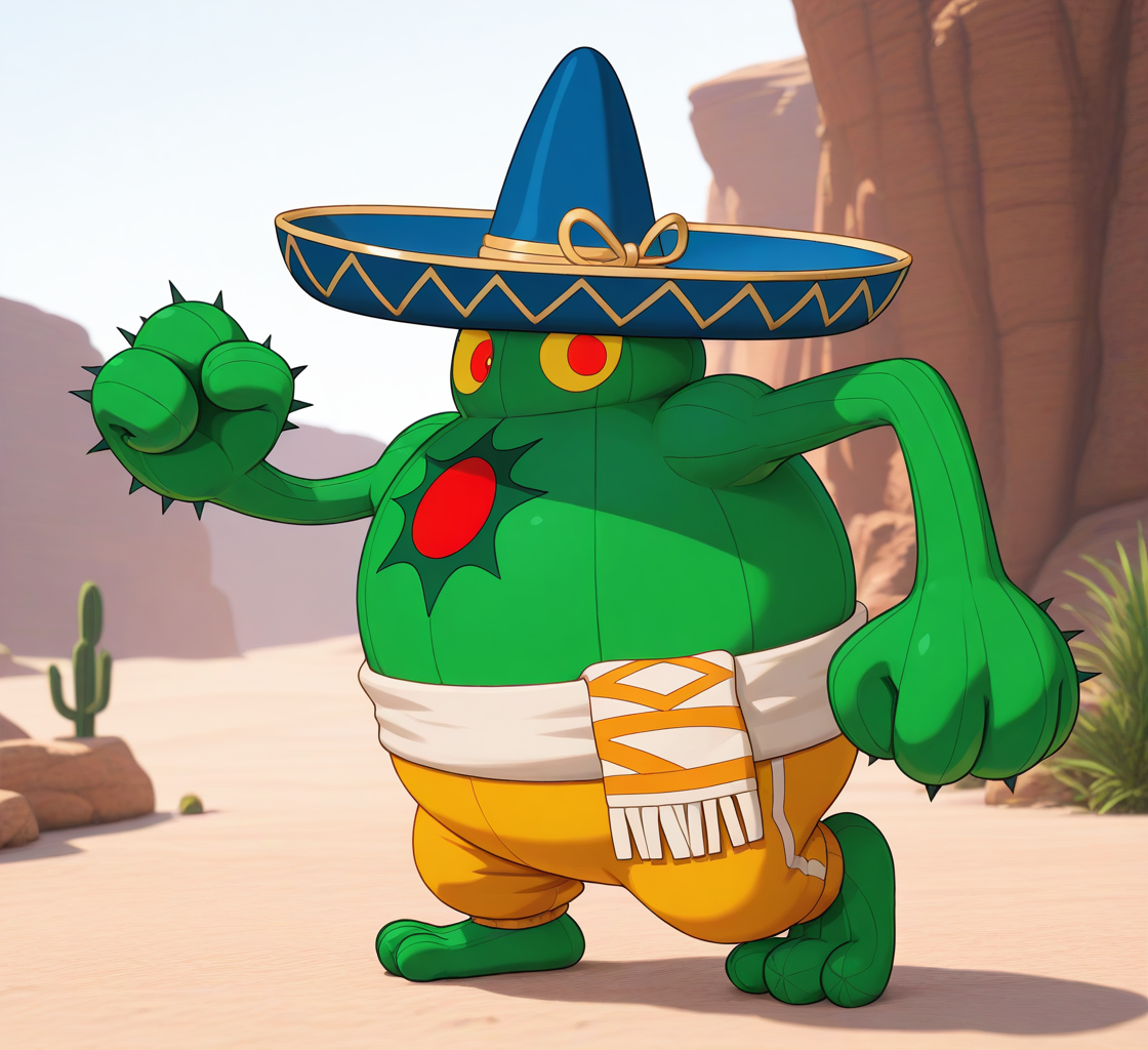 high resolution, best quality, 4k, 3d render, solo, male, side view, punch, hand spikes, cactus needles, long arms, canyon background, <lora:Amingo_-_Marvel_VS_Capcom_IL:1> 4ming0, plant humanoid, earless, mouthless, noseless, symbol on chest, blue sombrero, green skin, yellow pants, round body, belt cloth, 3 toes, overweight, red eyes, yellow sclera