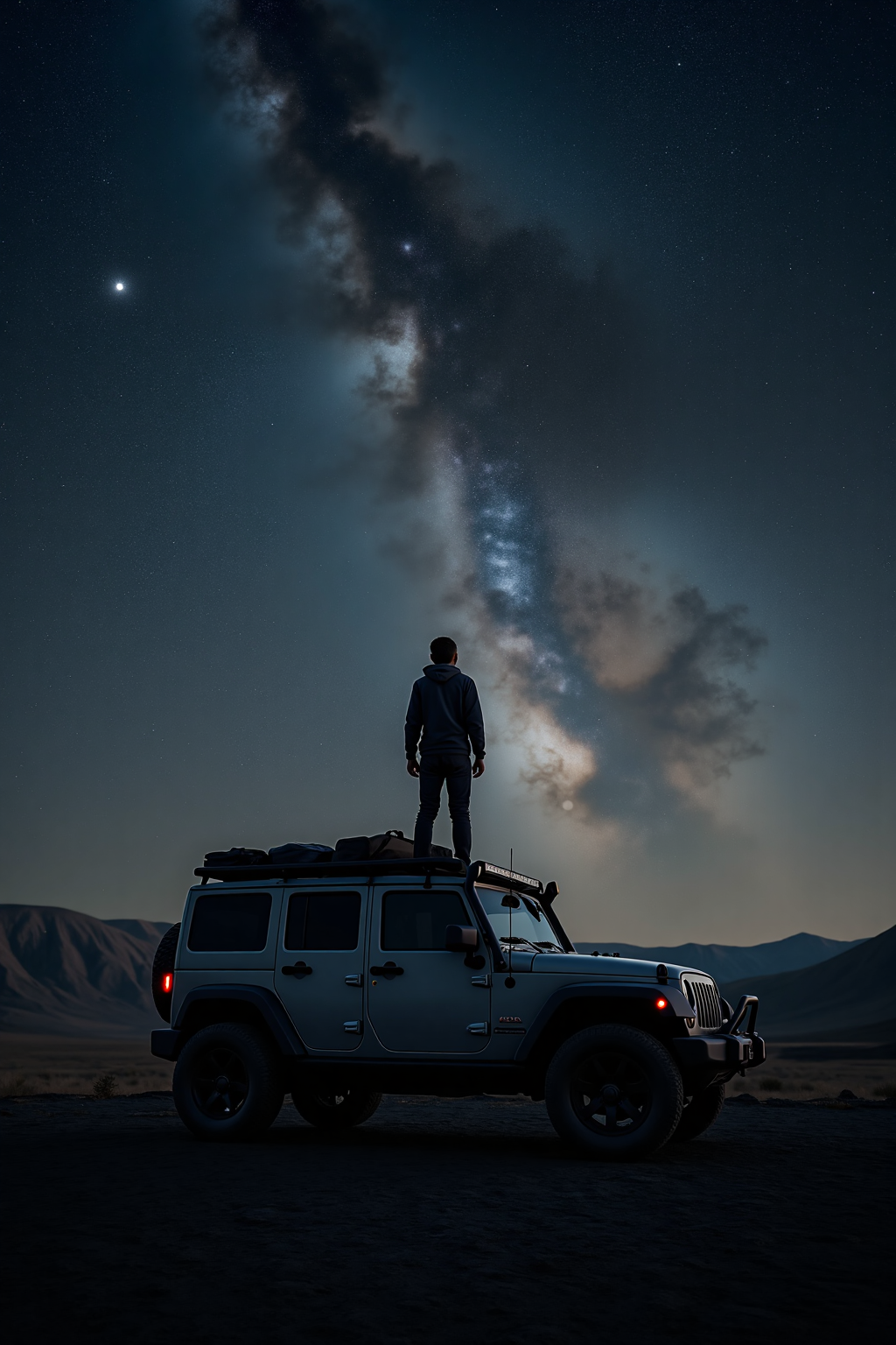 Here's a high-quality coherent stablediffusion prompt based on the input: A lone individual stands atop a rugged, off-road SUV (possibly a 4x4) against a blackened terrain, bathed in the starlight of a celestial-filled sky. The vehicle, equipped with roof racks and gear, suggests a long journey or expedition into the wilderness. The human figure, still and contemplative, gazes upward at the stars, as if seeking answers to life's mysteries. In the distance, gentle hills rise from the dark terrain. Above, the Milky Way stretches across the sky like a glowing canvas, punctuated by a bright celestial object (Venus or Jupiter). The image is bathed in the warm light of starlight, with minimal color palette and strong contrast between the black foreground and luminous background, highlighting human smallness within a vast universe.