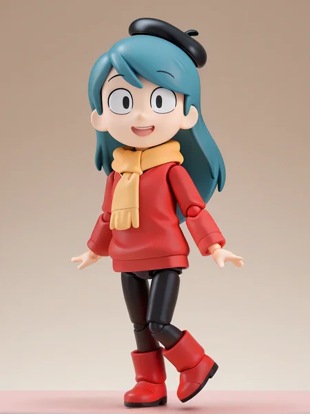 masterpiece,best quality,amazing quality, absurdres, highres, 
solo, Hilda, black eyes, long hair, blue hair, beret, yellow scarf, red sweater, leggings, red boots, full body, smile, open mouth, looking at viewer, figure, Figma, joints, photo (medium), light, gradient background, shadows,