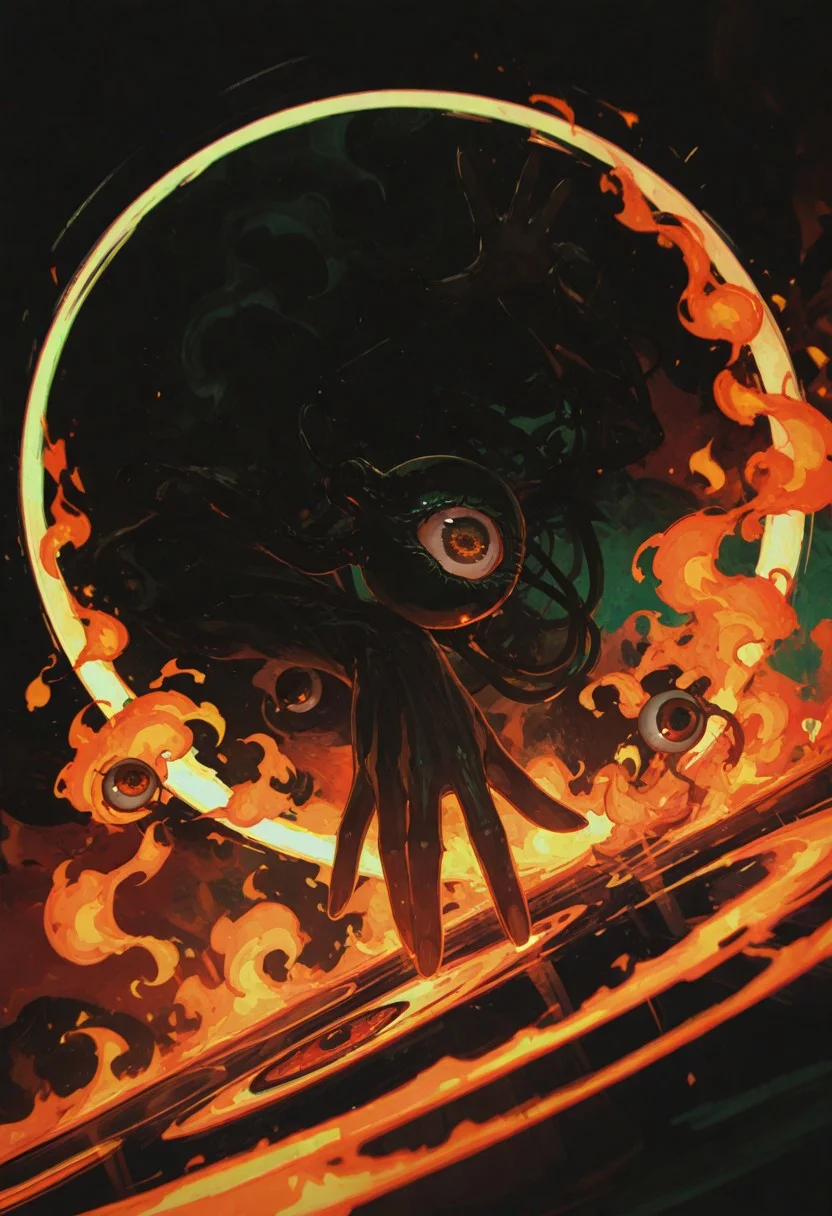 dynamic angle, unusual angle, dynamic, dynamic composition,
(perspective:1.1),
(masterpiece, best quality, high quality, highres),
picture of an expressive palm hand reaching up to catch creepy eye. Hand is covered with mystical green cyan fire. Perfect anatomy. Five fingers. reaching towards viewer, circle of fire, casting spell,
no human, (eyeball:1.1),
dutch angle, (horror \(theme\):1.1), multicolored background, black theme, sidelighting, black background,