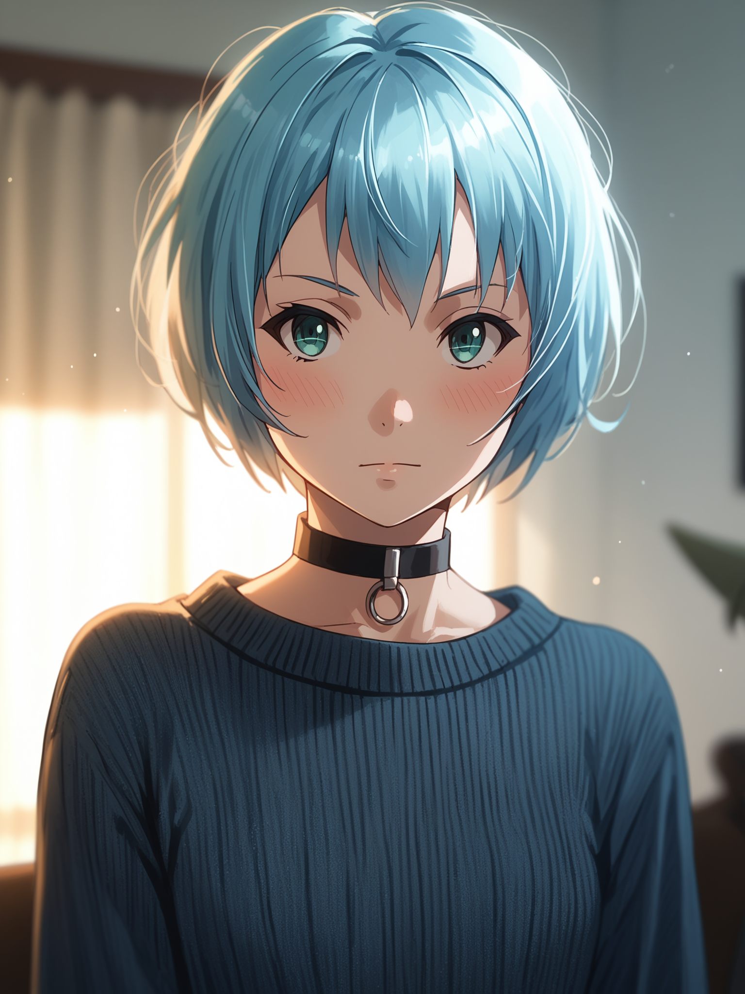 <lora:happy_tentacle-lelei-v0.1-000020:1>, ht_lelei, blue hair, blue sweater , cowboy shot, 1girl, (petite:1.2), solo focus, blush, (looking at viewer:1.1), indoors, goth fashion, black clothes, eyeliner, layered clothes, choker , backlighting, (depth of field:0.8), , [(realistic, photorealistic:1.2):(realistic:1.3):22], [(3d:1.2)::10], <lora:LUUNA's Lunas-NijiJourney-SDXL-B2:0.5>, nijijourney, <lora:prgfrg23's Counterfeit-V3.0 Style SDXL_LoRA_Pony Diffusion V6 XL:0.35> score_9, score_8_up, score_7_up, score_6_up, score_5_up, score_4_up,