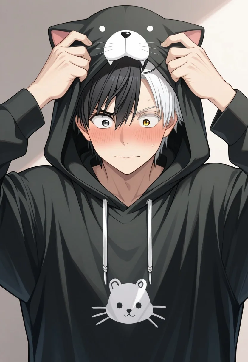 masterpiece,best quality,amazing quality, source_anime,
sakuharuka, 1boy, male focus, solo, heterocromia, grey eyes, yellow eyes, split-color hair, black hair, white hair, hoodie, animal hood, hood up, blush, embarassed,