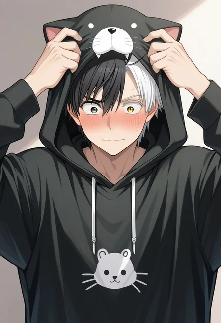 masterpiece,best quality,amazing quality, source_anime,
sakuharuka, 1boy, male focus, solo, heterocromia, grey eyes, yellow eyes, split-color hair, black hair, white hair, hoodie, animal hood, hood up, blush, embarassed,