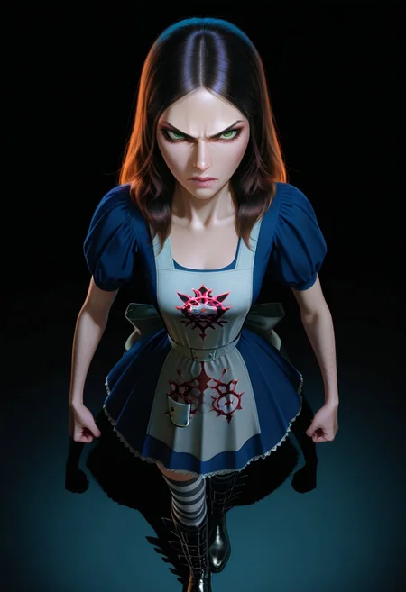 best quality, ultra detailed, high resolution, incredibly absurdres, extremely aesthetic, high resolution, realistic, masterpiece, Al1ceL1ddell, 1girl, solo, small breasts, bloodstained apron, dress, long hair, brown hair, green eyes, thighhigh striped socks, belt boots, glaring intensely, angry, high angle, dark background, realistic light and shadows,