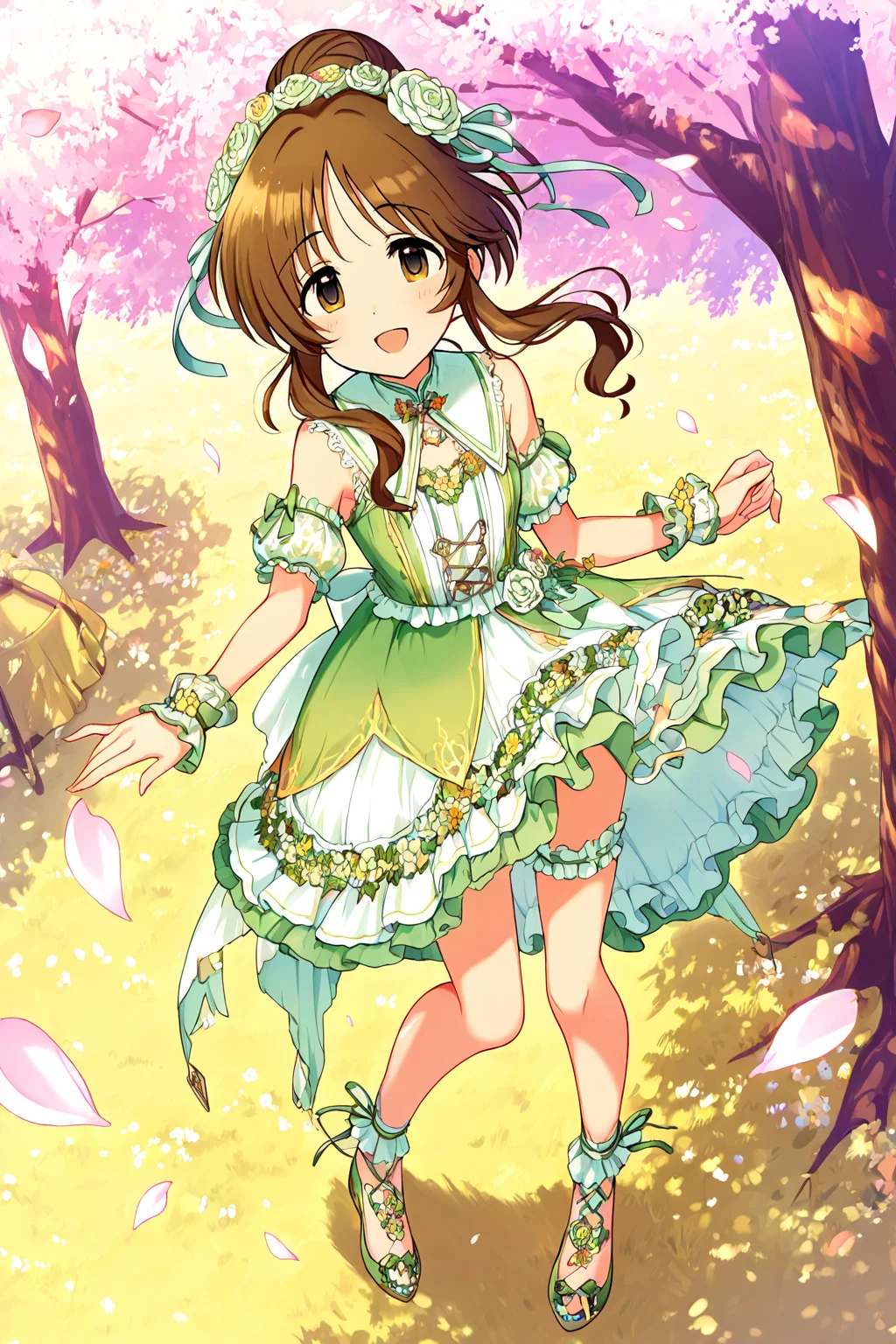 masterpiece,best quality,very aesthetic,absurdres,highres,newest,official art,official style,
1girl,solo,
takamori aiko,brown eyes,brown hair,long hair,
bare shoulders,detached sleeves,dress,frilled thigh strap,green dress,hair flower,hair ornament,hair ribbon,short sleeves,sleeveless,sleeveless dress,two-tone dress,white dress,wrist cuffs,
<lora:eye_focus:1>,eye_focus,
flower,tree,outdoors,petals,
smile,standing,full body,
<lora:idolmaster_takamori_aiko_ill_v1.0:1>,