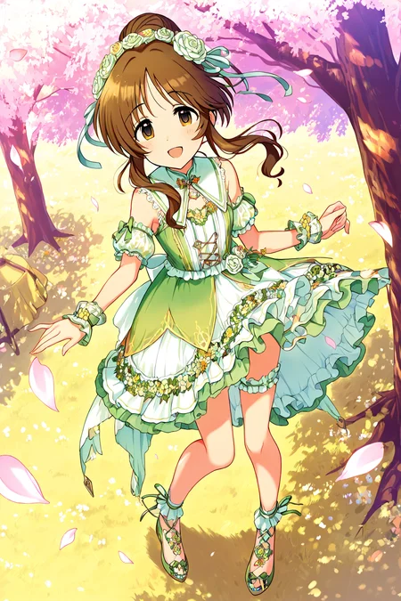 masterpiece,best quality,very aesthetic,absurdres,highres,newest,official art,official style,
1girl,solo,
takamori aiko,brown eyes,brown hair,long hair,
bare shoulders,detached sleeves,dress,frilled thigh strap,green dress,hair flower,hair ornament,hair ribbon,short sleeves,sleeveless,sleeveless dress,two-tone dress,white dress,wrist cuffs,
<lora:eye_focus:1>,eye_focus,
flower,tree,outdoors,petals,
smile,standing,full body,
<lora:idolmaster_takamori_aiko_ill_v1.0:1>,