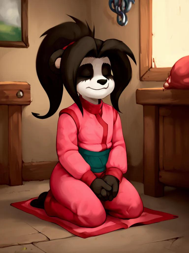score_7, score_7_up, score_9, score_ 9_up, BREAK, <lora:Li_Li_Stormstoutfinal:1> li li stormsout, solo, panda girl, pandaren, meditating, closed eyes, indoors,