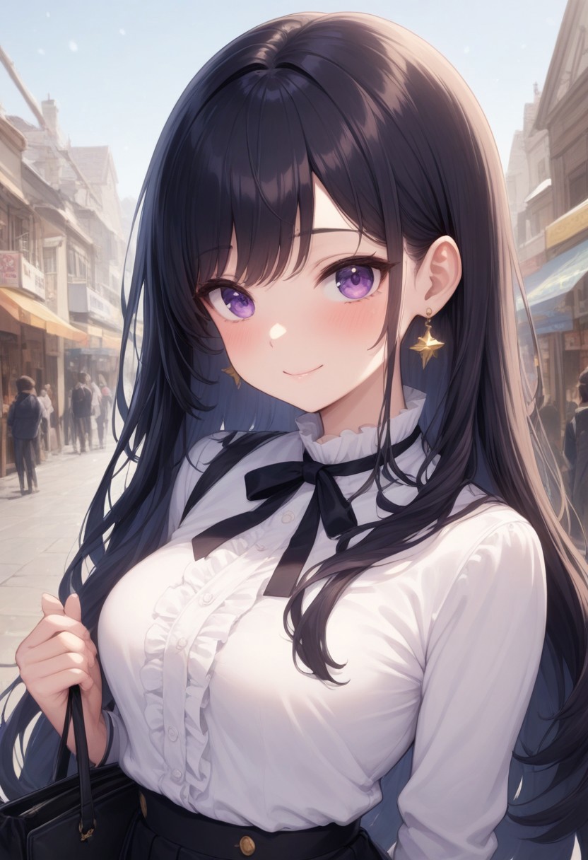 prefect lighting,very aesthetic,prefect hands,best quality,
intricate details,highly detailed background,(masterpiece:0.9),high quality,lustrous_skin,skindentation,(zPDXL3),
ultra delicate hair,
face_detail,
skin_detail,<lora:cfg_scale_boost>,
lustrous_skin,skindentation,
shiny skin, masterpiece,best quality,ultra-detailed,  long black hair, gold star earrings, medium breasts, purple eyes,  black skirt, white frilled shirt, snowy, houses, pines, day,  hold a bag,  shops, upper body, portrait, little smile, blush