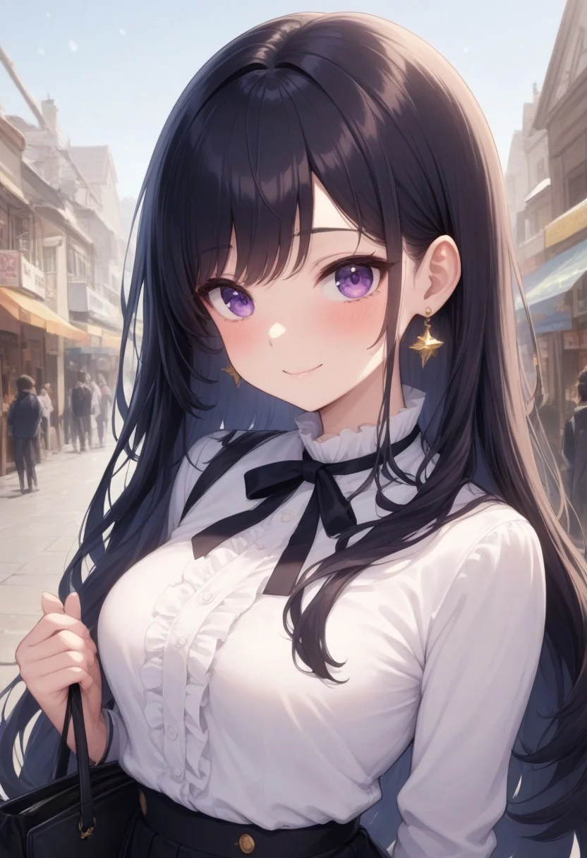 prefect lighting,very aesthetic,prefect hands,best quality,
intricate details,highly detailed background,(masterpiece:0.9),high quality,lustrous_skin,skindentation,(zPDXL3),
ultra delicate hair,
face_detail,
skin_detail,<lora:cfg_scale_boost>,
lustrous_skin,skindentation,
shiny skin, masterpiece,best quality,ultra-detailed, long black hair, gold star earrings, medium breasts, purple eyes, black skirt, white frilled shirt, snowy, houses, pines, day, hold a bag, shops, upper body, portrait, little smile, blush