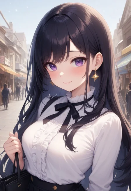 prefect lighting,very aesthetic,prefect hands,best quality,
intricate details,highly detailed background,(masterpiece:0.9),high quality,lustrous_skin,skindentation,(zPDXL3),
ultra delicate hair,
face_detail,
skin_detail,<lora:cfg_scale_boost>,
lustrous_skin,skindentation,
shiny skin, masterpiece,best quality,ultra-detailed, long black hair, gold star earrings, medium breasts, purple eyes, black skirt, white frilled shirt, snowy, houses, pines, day, hold a bag, shops, upper body, portrait, little smile, blush