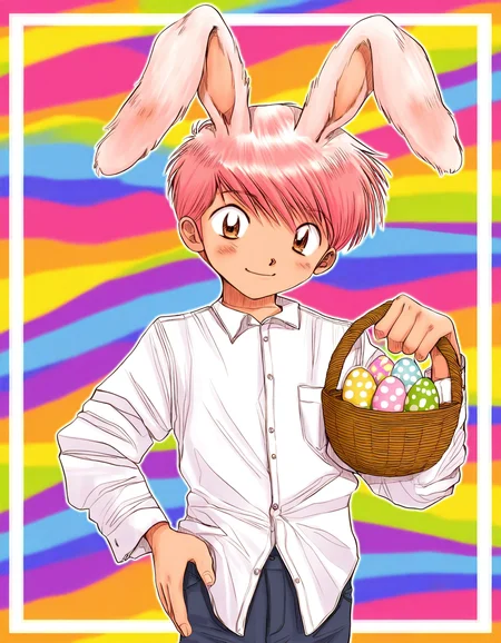 masterpiece, best quality, boysfactory-style, pastel colors, rainbow background, white border, white outline, 1boy, solo, pink hair, rabbit ears, hair over ears, white shirt, holding easter basket, hand on hip, smile, cute <lora:boys_factory_NaXLeps_v4f-ShoAI:1>