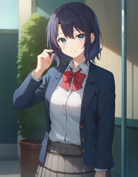 score_9,score_8_up,score_7_up,score_6_up BREAK official art,solo,outdoors,upper body,(portrait:1.5),looking at viewer,facing viewer,smile,Adachi Sakura,medium hair,dark blue hair,sidelocks,hair between eyes,bangs,aqua eyes,school uniform,blazer,blue jacket,wing collar,open clothes,open jacket,red bowtie,red bow,light blue cardigan,white shirt,collared shirt,long sleeves,medium breasts,skindentation,miniskirt,grey skirt,pleated skirt,plaid skirt,thighs,black socks,loafers,<lora:Adachi Sakura(as)-Pony:1.5>,<lora:Smooth Anime Style LoRA XL:0.8>,