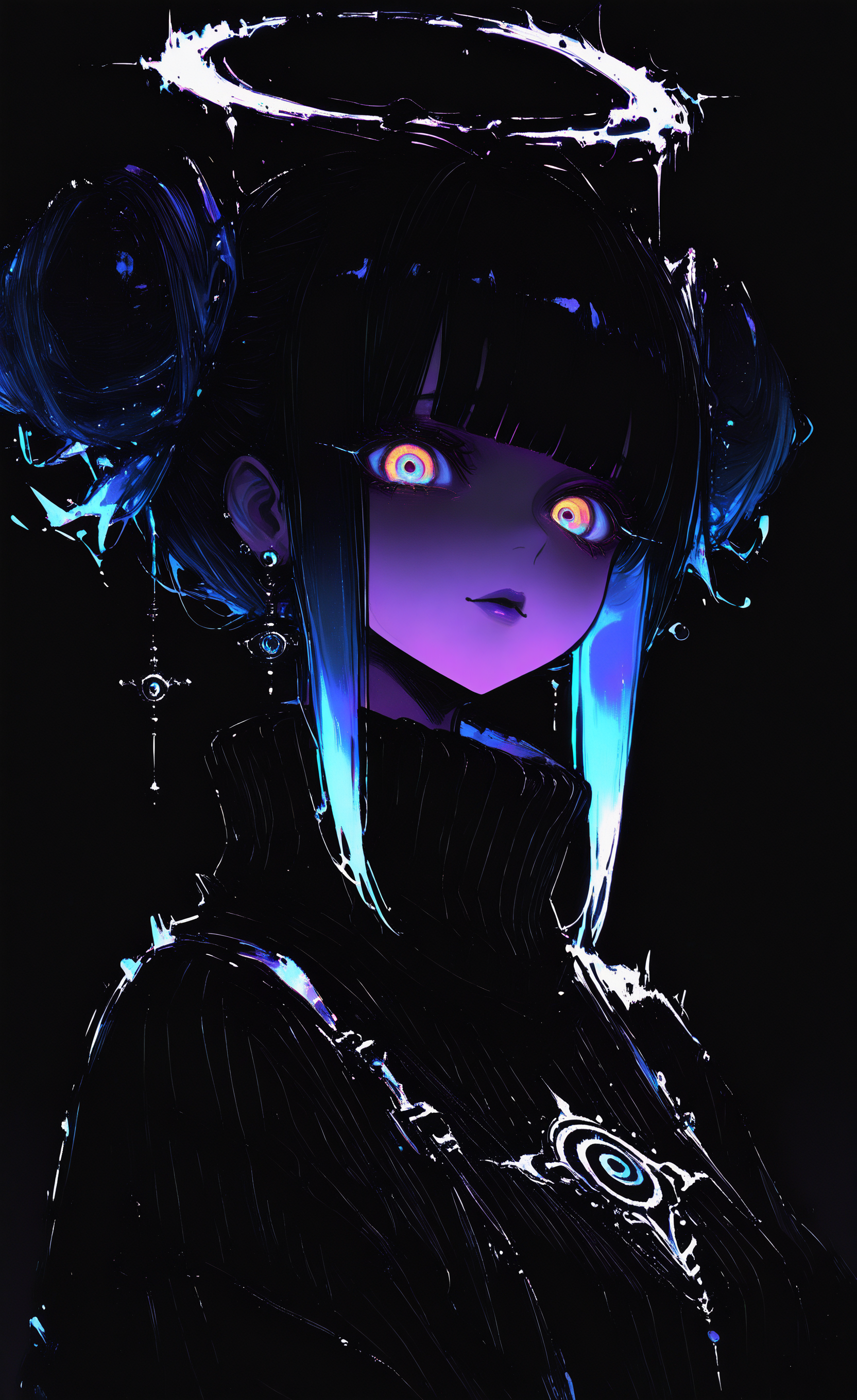 masterpiece,best quality,amazing quality, 1girl, solo, looking at viewer, blue eyes, jewelry, blue hair, upper body, yellow eyes, multicolored hair, sidelocks, earrings, blunt bangs, hair bun, halo, sweater, gradient hair, double bun, colored skin, turtleneck, glowing, black background, portrait, glowing eyes, ribbed sweater, turtleneck sweater, multicolored eyes, black sweater, purple skin, purple lips, simple background, xxx667_illu,15546+456868,
limited palette, glowing, psychedelic, black theme <lora:illustriousXL_stabilizer_v1.23:0.3> <lora:NOOB_vp1_detailer_by_volnovik_v1:0.3> <lora:ponyv6_noobE11_2_adamW-000017:0.7> <lora:USNR_STYLE_XL_lokr:0.45> <lora:shiej007:0.4> <lora:XXX667:0.95> <lora:114558v4df2fsdf5:1>