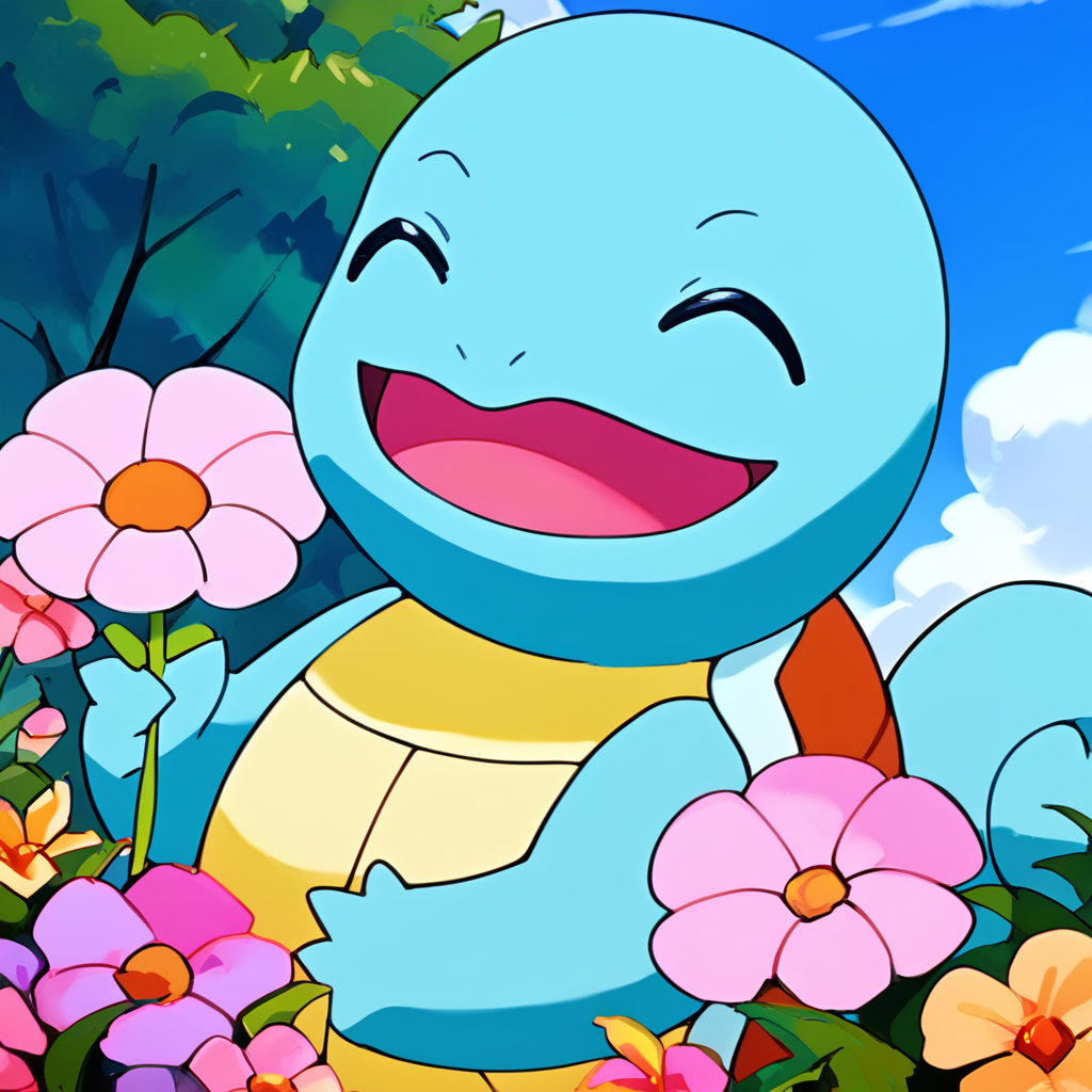 (score_9:0.9),score_8_up,score_7_up,anime style,rating_safe,(zPDXL),<lora:Squirtle ponyXL v3:1>,squirtle0007,outdoors,flower,open mouth,solo,closed eyes,happy,sky,day,blue sky,holding,smile,^_^,holding flower,tree,cloud,upper body,grass,standing,colored skin,pink flower,