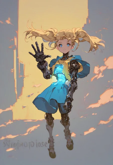 score_9, score_8_up, score_7_up, masterpiece, high quality, highly detailed, Vintage, 1girl, modern cyborg body, advanced tech, small build, cyborg arms, cyborg legs, glowing chest, cute human face, thick black eyelashes, bright blue eyes, twin tails, blonde hair, cute yellow summer dress, black sandals, looking at the viewer, cute smile, waving at the viewer, 0kj0j0s3