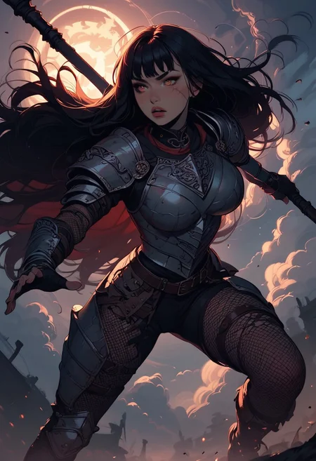 Score_9, Score8_up, Score_7_up, (((High Resolution, Best Quality))), 
1girl, beautiful, breasts, battle scarred, damaged armor, fishnets under armor, bangs, long hair, plated armour, holding staff, battle stance, dynamic angle, ancient fantasy city, battle-ready stance, dynamic pose, at night, moonlight, riding a nimbus cloud, nimbus, wukong theme, directional lighting, viewed from above,