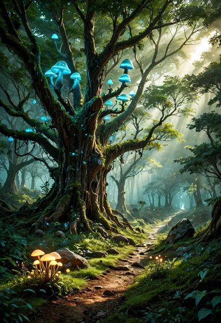 (score_9, score_8_up, score_7_up, score_6_up), (absurd res, 4k_texture, masterpiece, best quality), highly detailed, intricate details, fantasy forest, dense forest, magical atmosphere, sunlight filtering through trees, moss-covered rocks, bioluminescent plants, glowing mushrooms, foggy background, ethereal light, soft lighting, magical glow, detailed foliage, vivid colors, atmospheric depth, fluttering leaves, enchanted creatures, fairy lights, fairy dust, mysterious path, detailed grass, crystal clear water, ancient trees, tree roots, (dappled sunlight), (soft mist), sparkling particles, (high fantasy), peaceful atmosphere, lush environment, fantasy art, mystical vibe, colorful palette, soft color balance, cinematic angle, (wide-angle shot), (dynamic perspective)