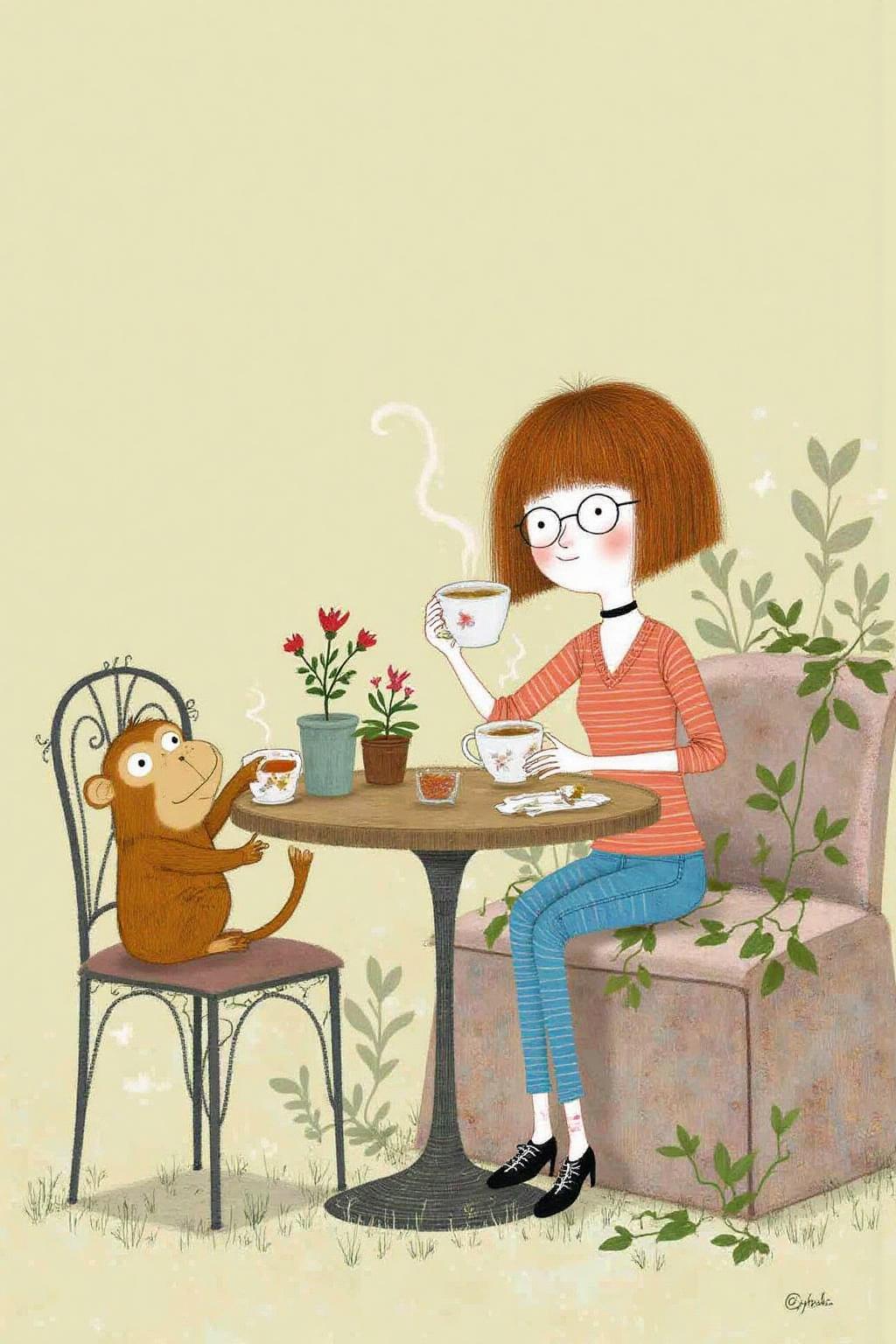 macha1 illustration. 
A woman driking tea with a monkey at a cafe. <lora:macha1_cap_d6a3e12:1.0><lora:827724366696450422:0>