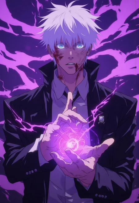 Vector art, uhd, 8k, 4k, epic, dramatic, Jujutsu kaisen manga, 4k quality, (Perfect hand:1.4), anime, (masterpiece), (detailed face), detailed,
Rendered in a style redolent of Impressionism, the painting utilizes a vibrant.
(Close up, shoulders and up) digital artwork of Gojo looking at the viewer.  He has an expressionless look on his face. (His eyes are wide:1.6) and (pupils heavily dilated:1.2). (He has his hands raised infront of him, snapping his fingers. Bright purple energy surrounds his fingers:1.5). Blood is on his face and clothes. 
He wearing black suit jacket, open suit jacket, white dress shirt, and black pants. (He has bright blue eyes. His eyes are glowing:1.4), white hair, messy hair,
The background purple swirling of energy.