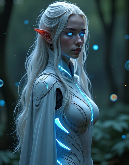 Generate an image of a young biopunk/mythpunk elf woman with striking features and cybernetic enhancements, standing in a mystical forest at night. She has long, white-blond hair cascading down her back in loose waves, dimly lit neon eyes that glow from within, and pale gray skin with visible pores. She wears a sleek white and light gray cybernetic suit with intricate electric blue neon fiber optic trim that is styled after traditional elven ceremonial armor, a voluminous cloak flowing behind her, and is surrounded by floating magic neon orbs that cast dancing shadows across her features. The image should have a high level of detail, with individual strands of hair and rustling leaves on the ground visible. The style should be a captivating blend of fantasy and technology, showcasing the elf woman's unique blend of natural beauty and cybernetic enhancements. <lora:scifi/moxiePunk_v20.safetensors:1.0>, <lora:flux/Realism 2>, <lora:art and styles/dark_fantasy_flux.safetensors:1.0>, <lora:skin texture style v5>, skin texture style, realism, detailed,