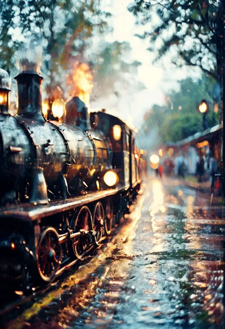a steam train in rain, film, bokeh, professional, blur, lomo, 4k, uhd, masterpiece