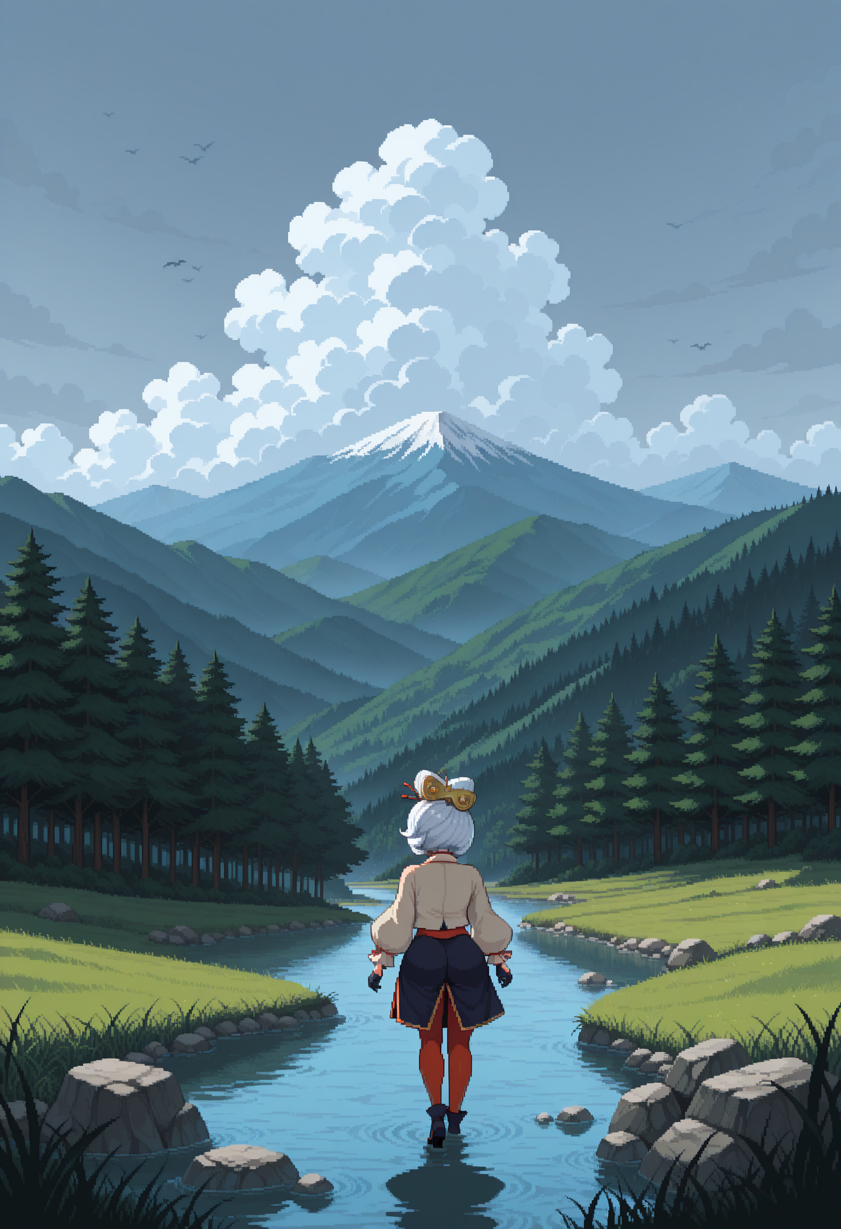 <lora:pixelart:1>,pixel art,masterpiece, absurdres,amazing quality, best quality, detailed background, 8k, 1girl, purah,cloud,cloudy sky,day,dragon,facing away,field,forest,from behind,grass,landscape,mountain,mountainous horizon,nature,outdoors,river,rock,scenery,sky,solo,standing,tree,wide shot
