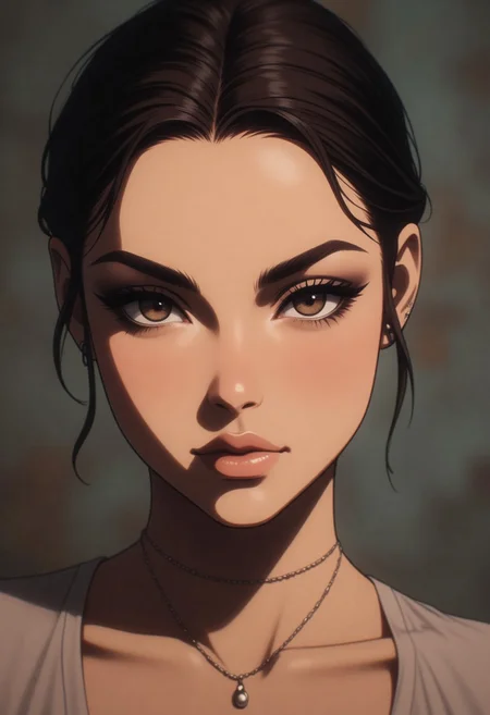 The woman’s face fills the frame in a tight, intimate close-up. Centred and composed, she gazes directly into the camera with quiet confidence. Her smooth, medium-toned skin carries faint lines around her eyes and forehead, hinting at wisdom without diminishing her vitality. Dark, naturally arched eyebrows frame her deep brown, almond-shaped eyes—open, reflective, and full of quiet emotion. Her straight, well-proportioned nose and full, slightly parted lips complement her features, with a soft dimple appearing as she relaxes her mouth.
Her dark brown hair is loosely pulled back, with strands gently framing her face. A simple silver necklace with a small pendant rests just above her collarbone. Soft lighting from above casts subtle shadows, enhancing the contours of her cheekbones and jawline. The blurred background of muted greys and beiges suggests a quiet, neutral indoor setting, allowing the focus to remain solely on her presence. No dramatic elements—just a calm, natural, unembellished human moment.