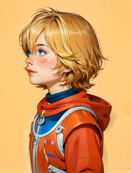 score_9, score_8_up, score_8_up, perfect drawing, sharp lines, absurdres,
1girl, solo, alisattp, full body,
blonde hair, blue eyes, blush stickers, hair between eyes, bangs, red bodysuit, spacesuit, short hair,
Dynamic lighting, shading, detailed, from side,
simple background, looking up,
portrait, 1980s \(style\),
d3t41l3d, <lora:d3t41l3dXLP:0.6>, <lora:alisattp_pdxl:1>