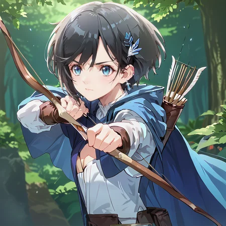 <lora:Rafinha_Bilford:1>, rafinha bilford, black hair, short hair,   <lora:aiming_at_viwerbow:0.8>, holding bow \(weapon\), white weapon, arrow rain, blue cape, hair ornament,, BREAK score_9, score_8_up, score_7_up, score_6_up, source_anime, best quality,