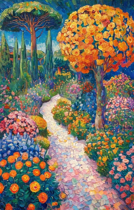 masterpiece,best quality,<lora:tbh130-sdxl:1>,spaceship in flower garden,illustration,oil painting,style of Paul Signac,