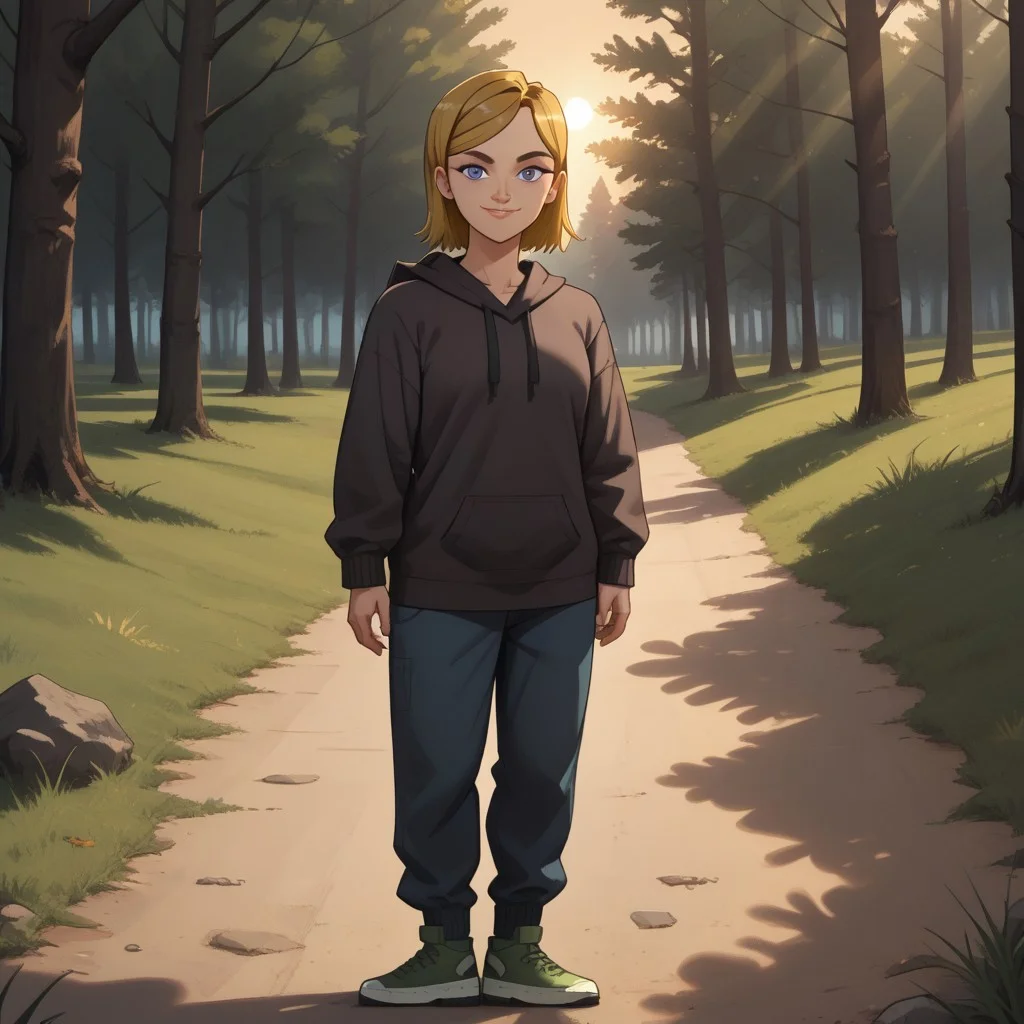 score_9, score_8, BREAK, solo, total drama, 1girl, dark blonde hair, indigo eyes, black eyebrows, lips, dark brown hoodie, dark blue pants, green sneakers, Jo_(Total_Drama), tdroti, sexy pose, smile, outdoors, sunlight, shadows, evening lighting, natural lighting, forest, trees, grass, orange sky, sunset