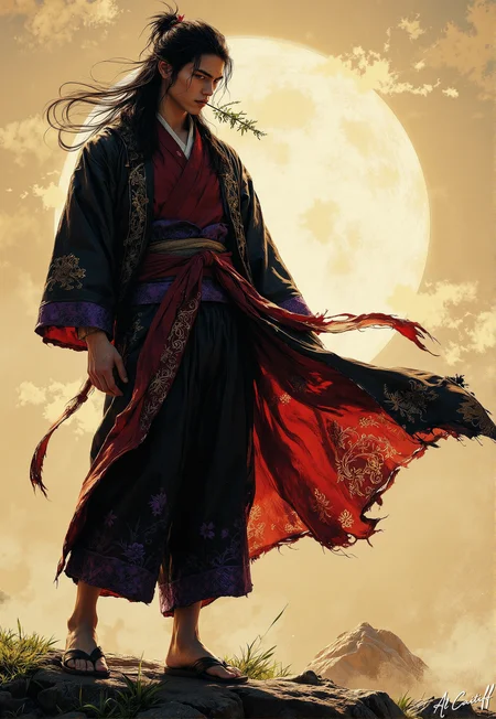 A young muscular man stands beige papper background, illuminated by the warm golden light of a setting sun. With very long deep black hair and eyes, wears a flowing black and crimson kimono with intricate purple details, its hem and sleeves fluttering in the wind. He stands with his feet shoulder-width apart, his weight shifted onto his right leg, his left leg bent at a 90-degree angle with his foot resting on the ground. His hands are clasped behind his back in a relaxed pose. On his mouth a single grass piece of vivid green., fg, l1n0c2t<lora:Flux/Stylized-Super-Texture.safetensors:0.6000000000000001:0.6000000000000001> <lora:Flux/Linocut - s1 g4.safetensors:0.30000000000000004:0.30000000000000004> <lora:CustomFlux/MysticRealism.safetensors:0.6000000000000001:0.6000000000000001>