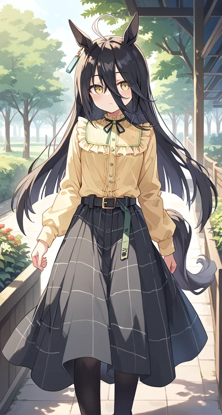 score_9,score_8_up,score_7_up,
official art,official style,game cg,megami magazine,
1girl,
mht casual,manhattan cafe (umamusume),
ahoge,animal ears,belt,belt buckle,black hair,black skirt,
buckle,earrings,frilled shirt collar,frills,hair between eyes,
highres,horse ears,jewelry,long hair,multicolored hair,neck ribbon,
ribbon,shirt,shirt tucked in,single earring,skirt,yellow eyes,yellow shirt,
blush,long sleeves,horse girl,black footwear,black pantyhose,
horse tail,pantyhose,tail,black belt,casual,long skirt,
very long hair,plaid,plaid skirt,puffy sleeves,eyebrows visible through hair,eyes visible through hair,
frilled shirt,puffy long sleeves,
standing,
<lora:umamusume_manhattan_cafe_pony_v1:1>,
