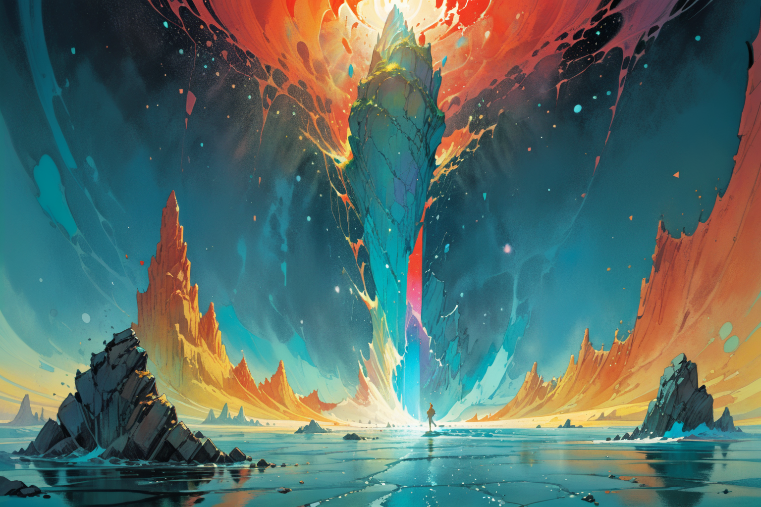 masterpiece, painted world,  colorful splashes, <lora:Painted World-000006:.8> by jean giraud, moebius, victo ngai and thomas kinkade
