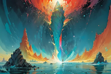masterpiece, painted world, colorful splashes, <lora:Painted World-000006:.8> by jean giraud, moebius, victo ngai and thomas kinkade