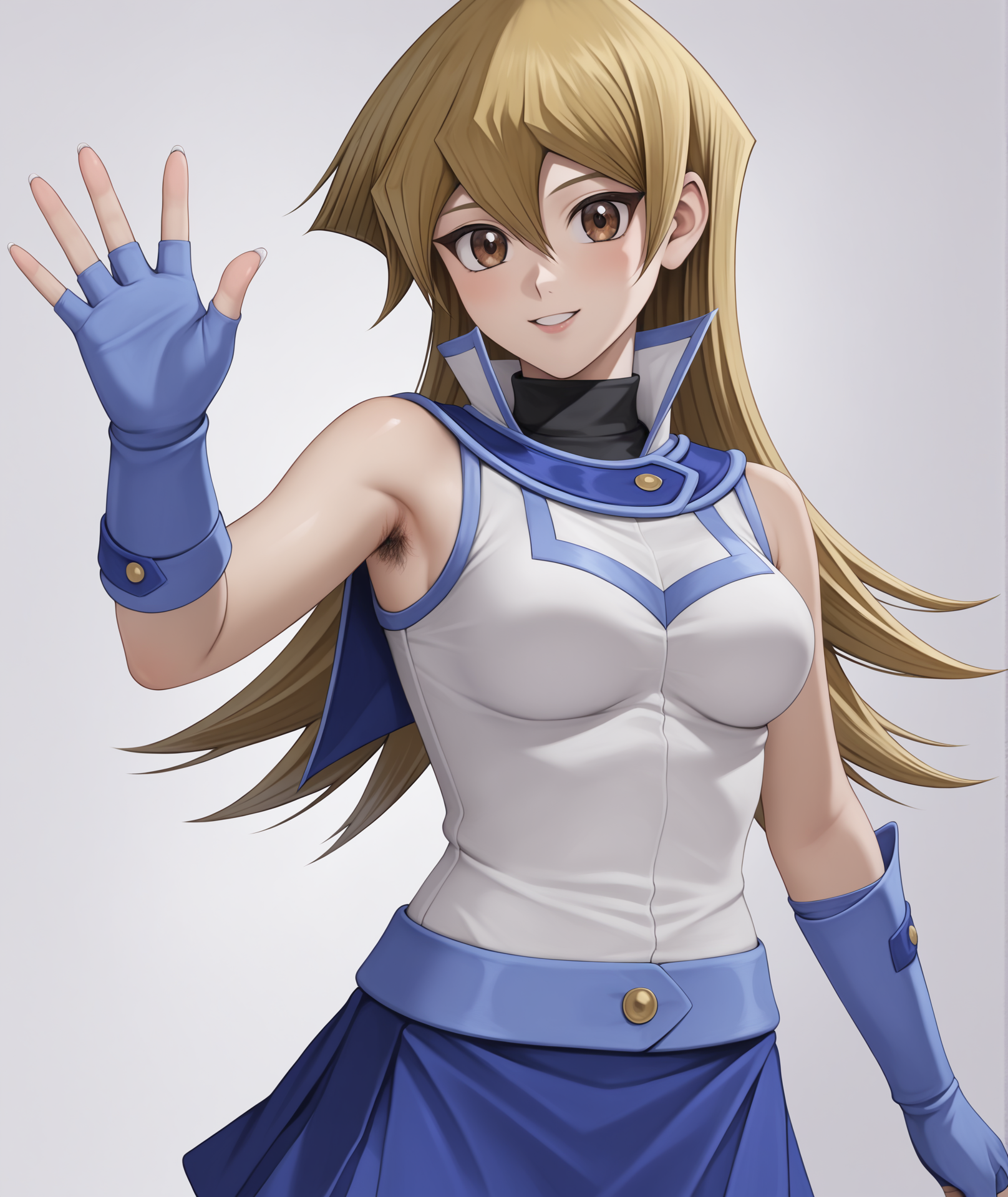 score_9, score_8_up, score_7_up, source_anime, highres, hi res, realistic, photorealistic, 2d, best quality, masterpiece, intricate details, official style, anime, 4k, anime style,
1girl, solo, female, brown eyes, long hair,  blonde hair, brown hair, hair between eyes, straight hair,tenjouin asuka, yu-gi-oh!,
breasts, medium breasts, shiny skin, nail polish, fingernails, white nails,
shirt, skirt, gloves, bare shoulders, school uniform, white shirt, sleeveless, miniskirt, fingerless gloves, blue skirt, sleeveless shirt, turtleneck, blue gloves, duel academy uniform \(yu-gi-oh! gx\), 
waving, waving arms, waving hands, armpit hair, cowboy shot, looking at viewer, simple background, white background, gradient background, <lora:Asuka1024_Pony:1>