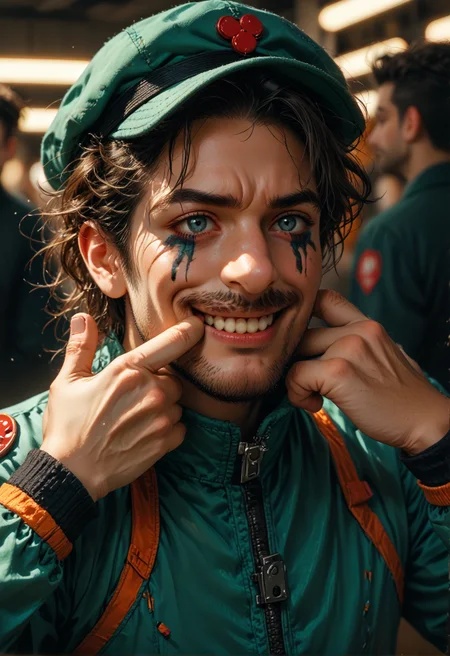 score_9,score_8_up,score_7_up,embedding:zPDXL2, film grain,Cinematic Lighting,colorful, 1boy, green_hat,mirror, from behind, from above, forced smile, mouth pull, fingersmile, makeup, clown nose, runny makeup, cyborg, bodysuit, headgear, beard, teeth,<lora:增强\(收藏)\sdxl_lightning_8step_lora.safetensors:1.0:1.0> <lora:增强\(收藏)\Midjourney mimic 2.0.safetensors:0.2:0.2> <lora:(风格)\Photo 2 Style SDXL_LoRA_Pony Diffusion V6 XL.safetensors:0.2:0.2> <lora:增强\(收藏)\Midjourney mimic 1.2.safetensors:0.6:0.6> <lora:(风格)\(收藏)\fiasco_A1.safetensors:0.6:0.6> <lora:(风格)\(收藏)\unholy-000009.safetensors:0.2:0.2> <lora:JokersForcedSmile_pdxl_Incrs_v1.safetensors:0.8:0.8>