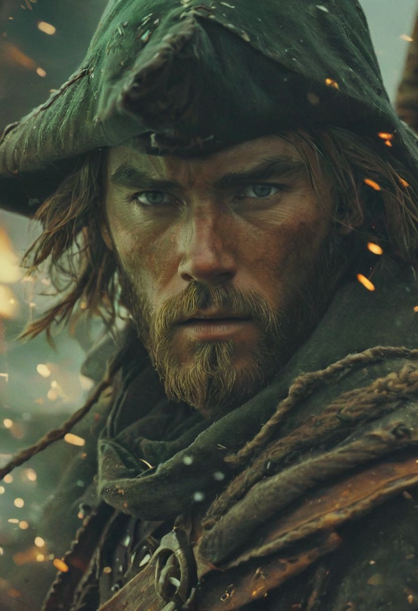 Link from zelda resembling Obi-wan Kenobi dressed like Haytham Kenway in a hat and green cloak ,Standing on a galley amidst a seafight, He walks down the stairs of the bridge on a huge galley during a fiery sea battle. Close-up of his relaxed, determined expression as the ship virtually explodes around him, splinters of wood and sparks flying around, flying Wood and particles, looking at Viewer, marine theme,  ethereal, atmospheric haze, Film grain, cinematic film still, shallow depth of field, highly detailed, high budget, cinemascope, moody, epic, OverallDetail, gorgeous, 2000s vintage RAW photo, photorealistic, candid camera, color graded cinematic, atmospheric lighting, skin pores, imperfections, natural, shallow dof,