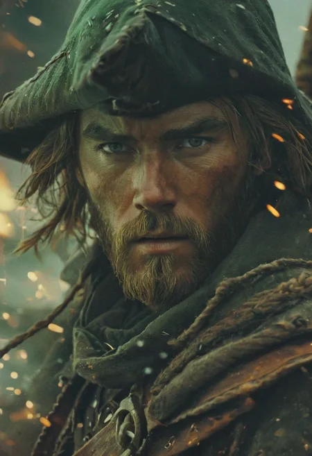 Link from zelda resembling Obi-wan Kenobi dressed like Haytham Kenway in a hat and green cloak ,Standing on a galley amidst a seafight, He walks down the stairs of the bridge on a huge galley during a fiery sea battle. Close-up of his relaxed, determined expression as the ship virtually explodes around him, splinters of wood and sparks flying around, flying Wood and particles, looking at Viewer, marine theme,  ethereal, atmospheric haze, Film grain, cinematic film still, shallow depth of field, highly detailed, high budget, cinemascope, moody, epic, OverallDetail, gorgeous, 2000s vintage RAW photo, photorealistic, candid camera, color graded cinematic, atmospheric lighting, skin pores, imperfections, natural, shallow dof,