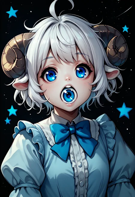 score_9, score_8_up, <lora:NSEyenom:1> NSEyenom, open mouth, eye in mouth, 1girl, blue eyes, white hair, short hair, ahoge, messy hair, sheep horns, sheep girl, bowtie, black background, upper body, light blue dress, frills, puffy sleeves, stars
